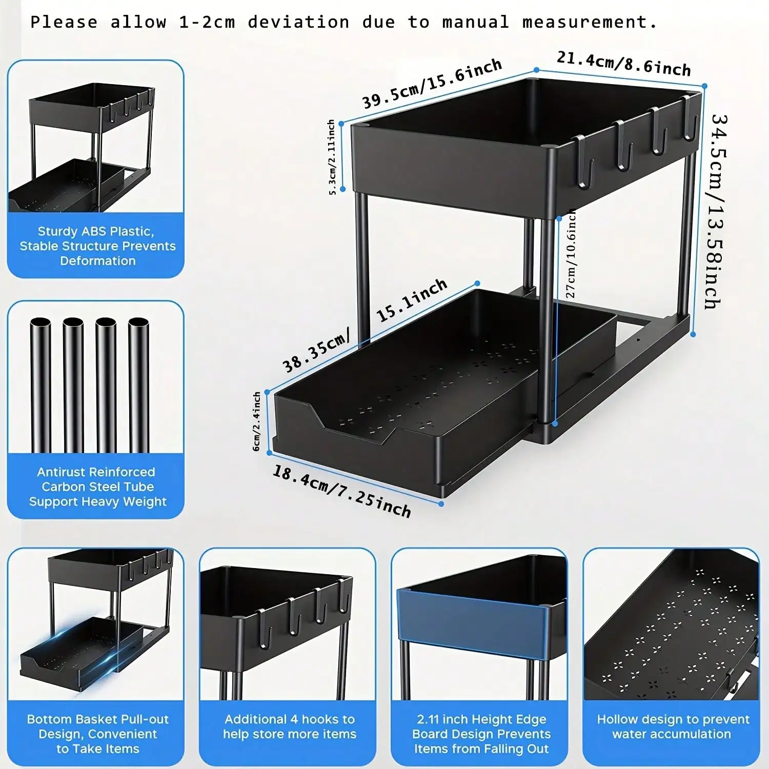 Under Sink Organizer with Sliding Drawers, 2 Tier Pull Out Cabinet Storage Rack with Hooks & Hanging Cup, Double Layer Bathroom Kitchen Storage Shelf for Cosmetics, Coffee Cups, Cleaning Supplies, Black view 2
