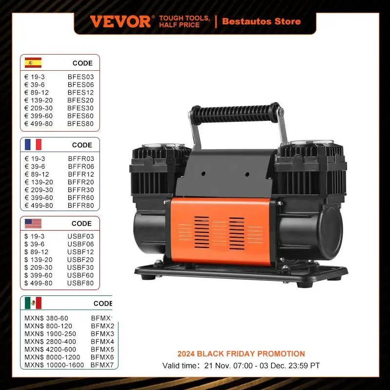 VEVOR Tire Inflator Compressor 6-10 CFM Heavy Duty Air Compressor Dual-Cylinder 150PSI Air Pump with Adapters for Trucks Car SUV