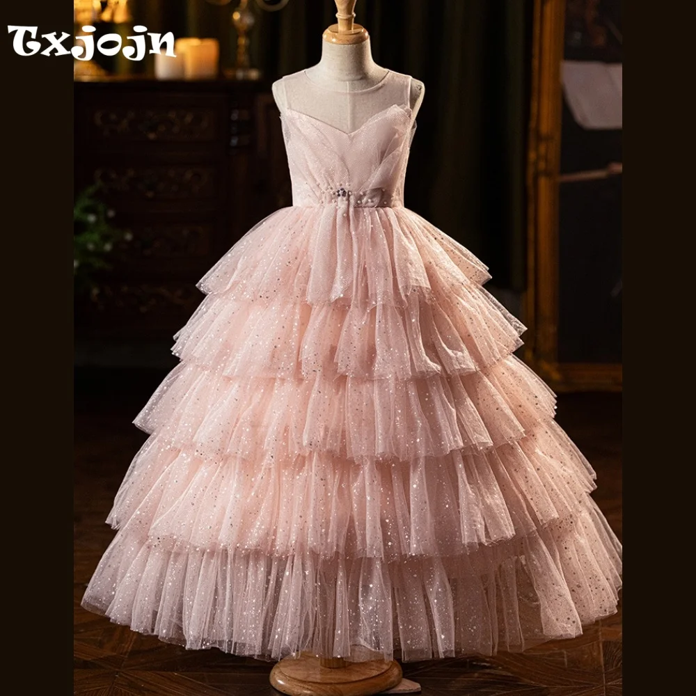 Girl's Ball Gown Flower Girl Wedding Christmas Princess Dress Pink Child Vestido Piano Performance Birthday Party Clothes 3-16Y