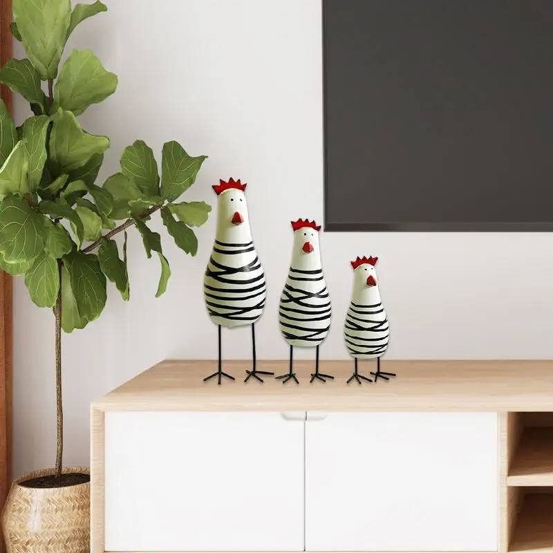 3PCS Chicken Figurine Painted Chicken Ornament Rooster Statue Decor