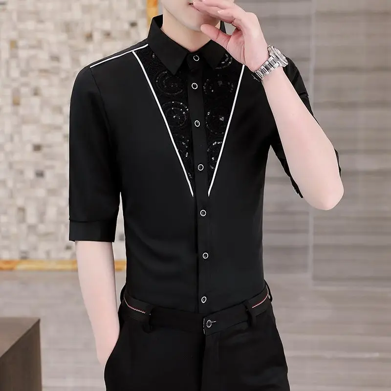 2-B9  Summer black mid-sleeve shirt for men, slim fit, casual three-quarter s shirt, high-end hairdresser trendy men's clothing