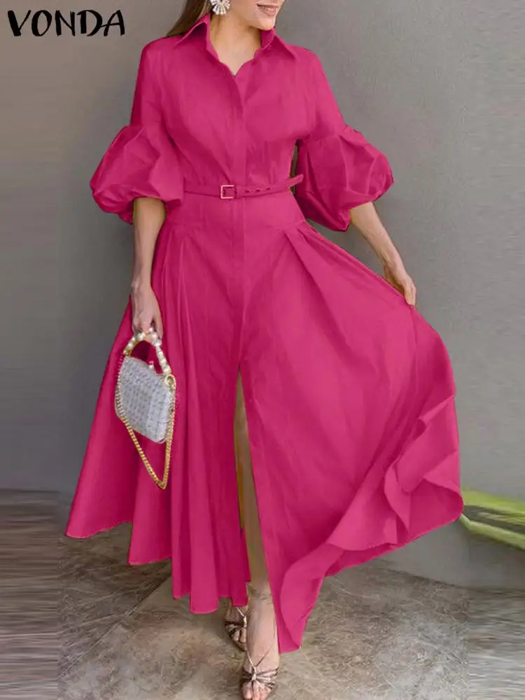 VONDA 2023 Autumn Elegant Maxi Dress Women Lantern Sleeve Buttons Big Swing Party Shirt Sundress Casual Solid Color Robe Femme