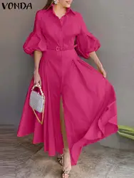 VONDA 2023 Autumn Elegant Maxi Dress Women Lantern Sleeve Buttons Big Swing Party Shirt Sundress Casual Solid Color Robe Femme