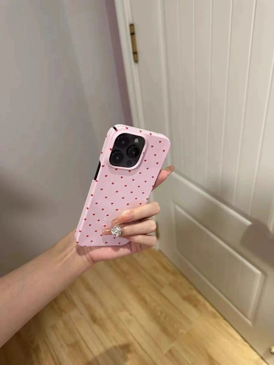 Pink Background Little Heart Phone Case for iPhone 16 15 14 13 12 11 Pro Max XS XR XSMax 6 7 8 Plus Glossy HD Hard PC Cover
