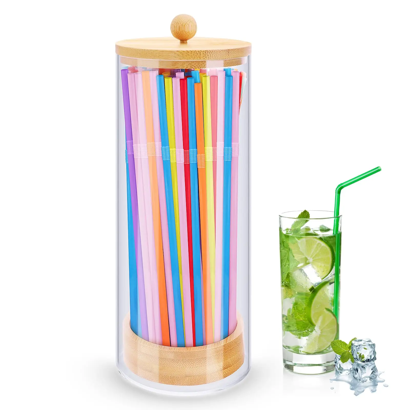 Bamboo Drinking Straw Holder Straw Dispenser with Disposable Plastic Straws Acrylic Portable Straw Storage Box Kitchen Organizer