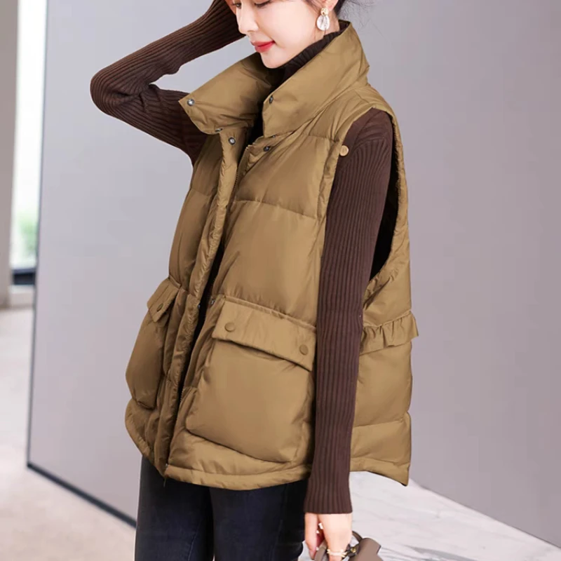 Sleeveless Down Jacket with Large Pockets for Women, Warm Vest, Sleeveless, Standing Collar, Casual, 2024 Autumn and Winter