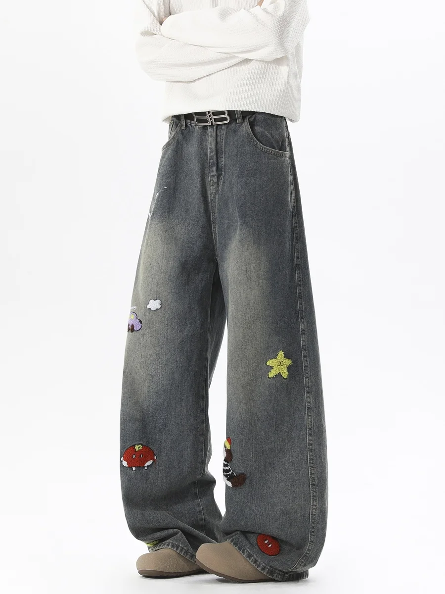 

Мужские зимние джинсы в стиле ретро с вышивкой, повседневные прямые брюки с махровой строчкой, модные свободные широкие брюки