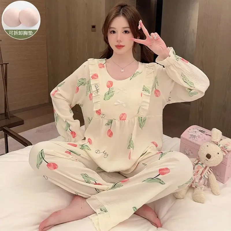 New Cloud Cotton Pajamas Women Autumn with Chest Pad Long Sleeve Large Size Fat Mm Loose Sweet Can Be Worn Outside The Home Suit