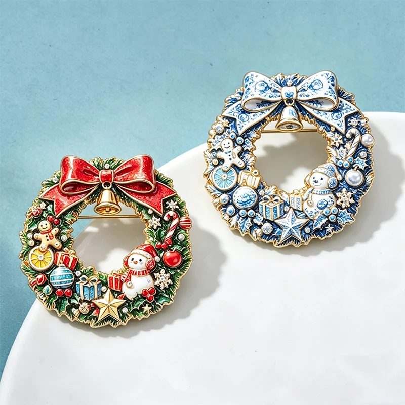 Wuli&baby Weihnachtskranz-Broschen für Frauen Unisex 2-farbig Niedlicher Schneemann Schleife Blumen Kreis-Broschen Neujahrsgeschenke – Detail 4