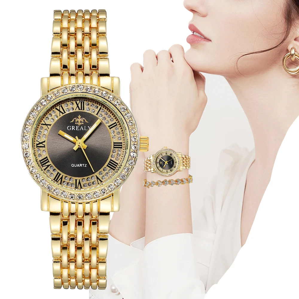 Golden Stainless Steel Strap Women Fashion Watches 2022 Luxury Diamond Set Roman Design Wristwatches Casual Female Quartz Clock