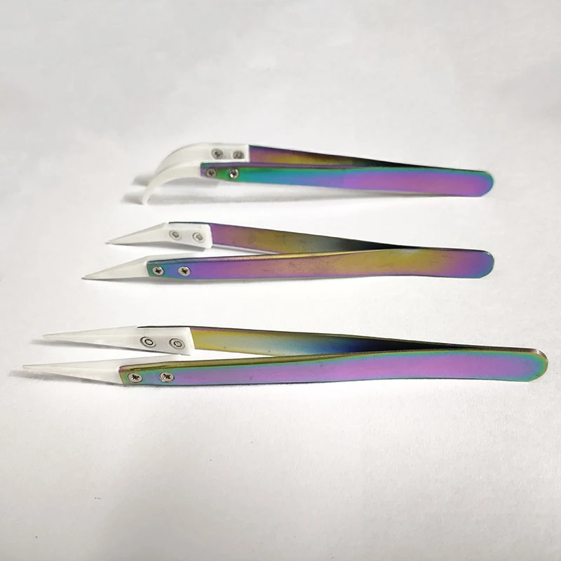 Rainbow Ceramic Tweezers Stainless Steel Heat Resistant Antistatic Precision Straight Curved Cigarette Picker Tool