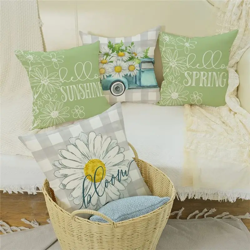 AA81-4PCS Spring Pillow Covers Spring Decorations Buffalo Plaid Farmhouse Throw Pillow 18X18