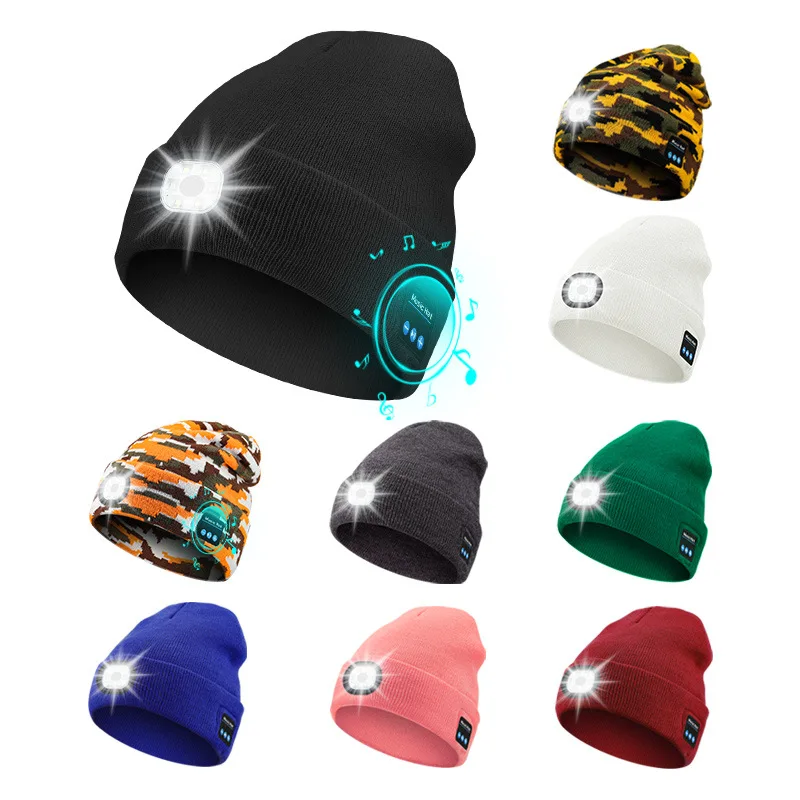 Wireless Bluetooth music knitted hat new outdoorledlighting rechargeable detachable luminous sleeve cap