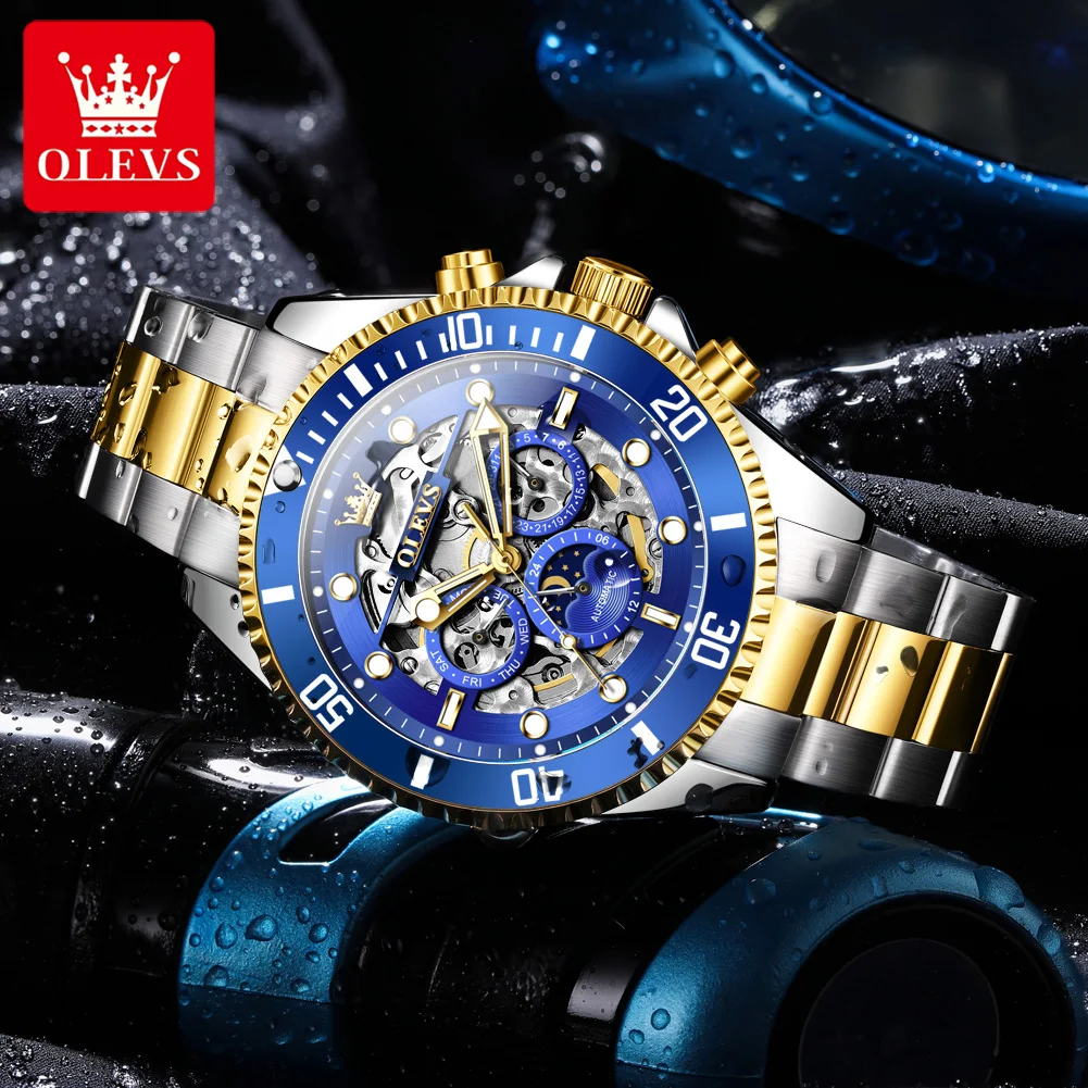 

OLEVS 6715, мужские часы, скелетон для дайвинга, многофункциональный циферблат, фаза Луны, водонепроницаемые часы, автоматические механические мужские наручные часы
