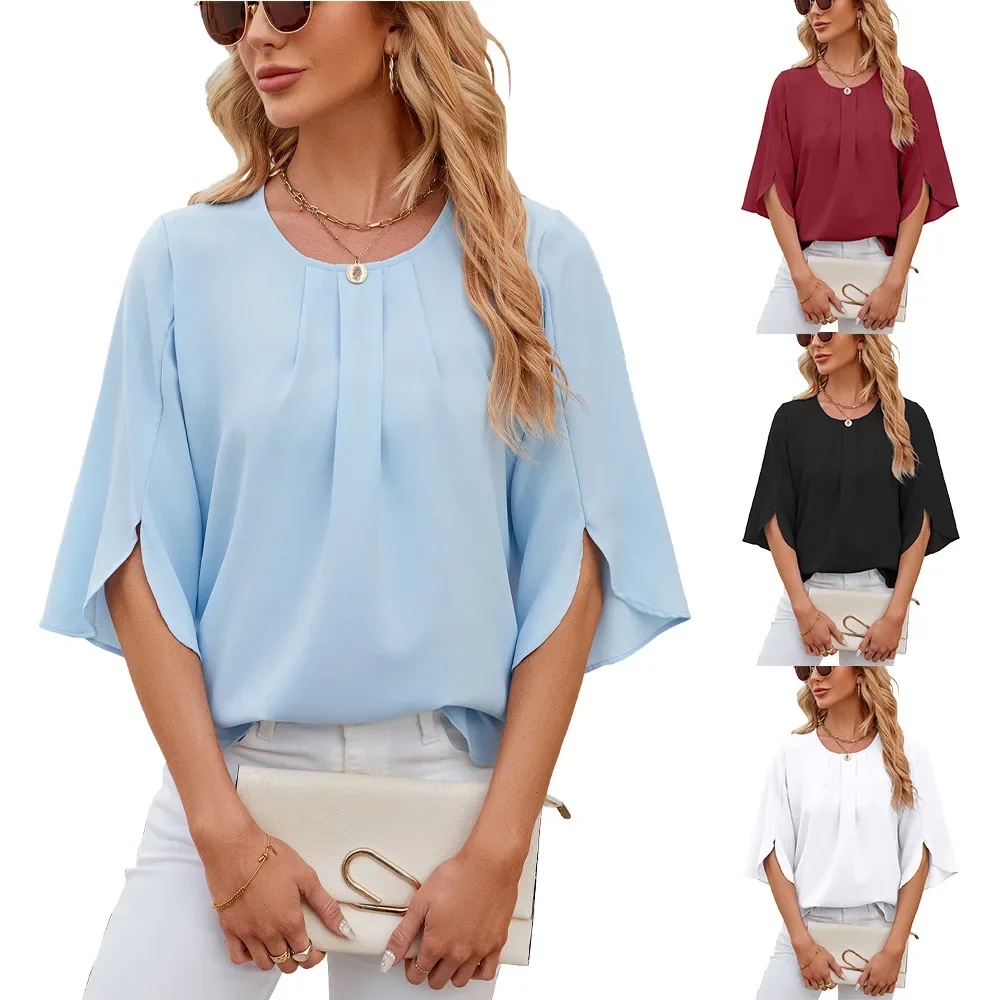 Chiffon Blouse Women Top Solid Color O Neck Loose Pullover Batwing Sleeve Ruffle Shirts Blouse Women Clothing Casual Summer top