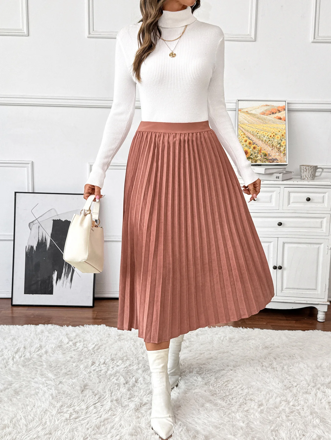 

Women's High Waisted Pleated Midi Skirt Solid Color Slimming a Line Half Skirt with Elastic Waist Perfect for Office Wear