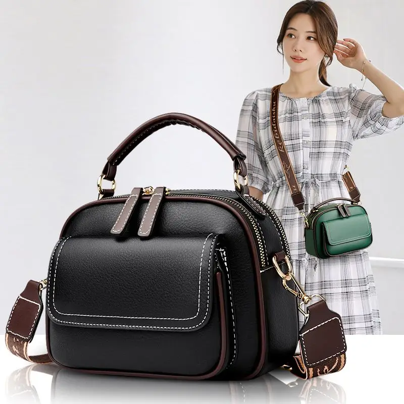 Leather Bag Women Small Square Bags 2025 New 4-season Handbag Double Zipper Big Capacity Single Shoulder Package Crossbody Bag