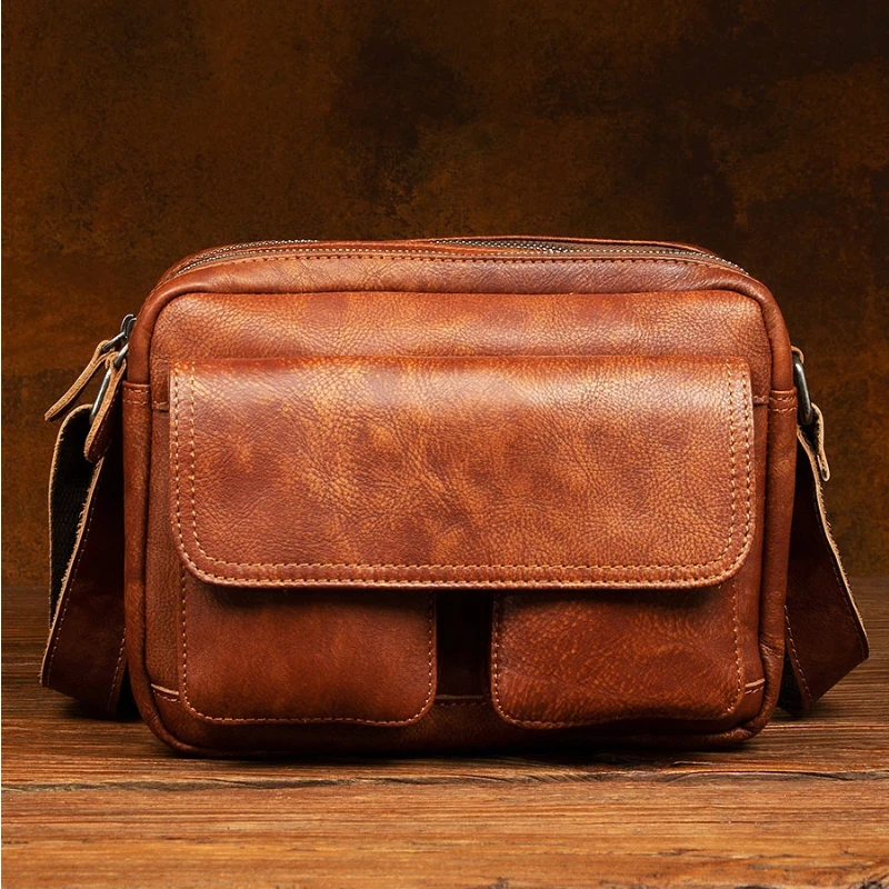 Handmade Vegetable Tanned leather Crossbody Bag Small Bag Men's Horizontal Vintage Shoulder Bag  Leather Casual Messenger Bag