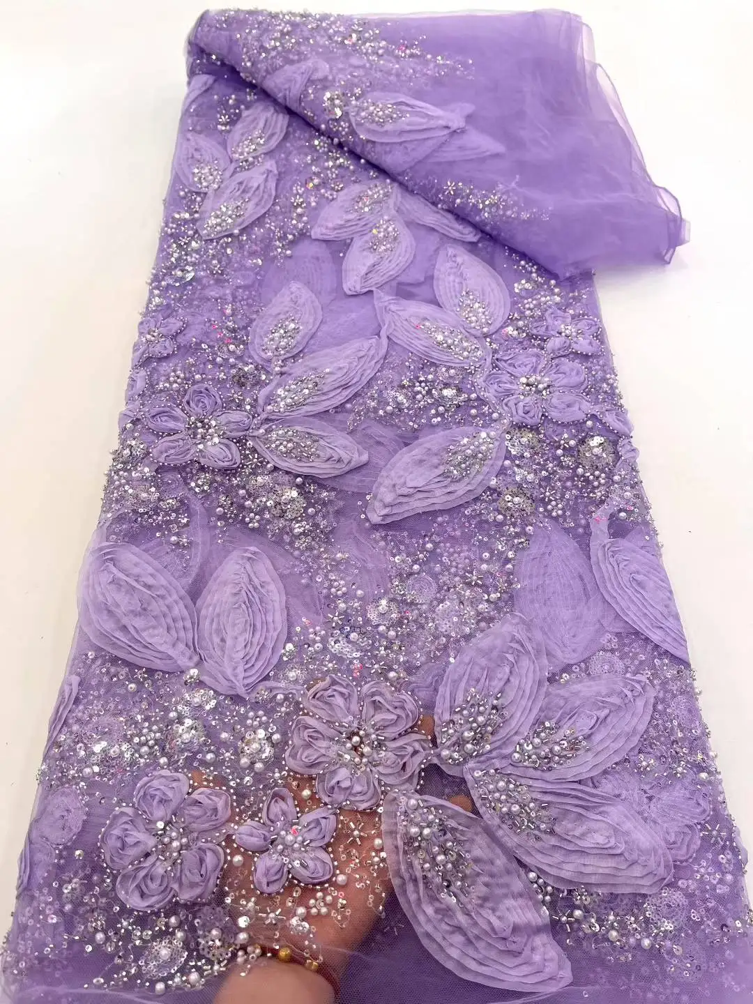 African 2025 High Quality Nigerian Beads Organzn Lace French Tulle Sequins Lace Fabric For Party Dress Sewing -XC