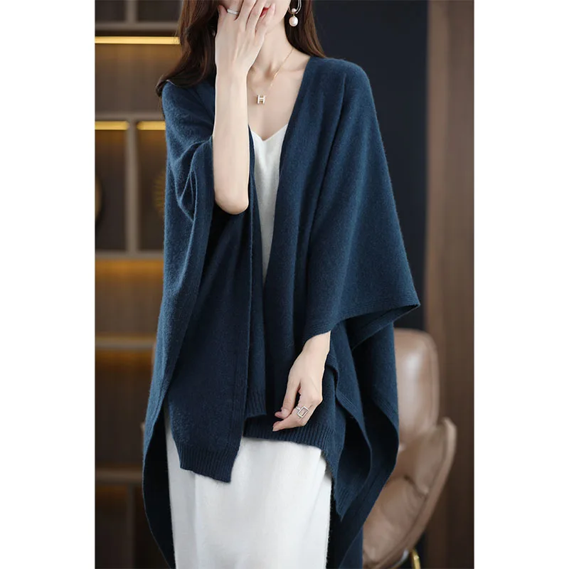 New high-end cashmere cape cape ladies oversized cardigan cape scarf oversized sweater solid color loose knitted 100% wool cape