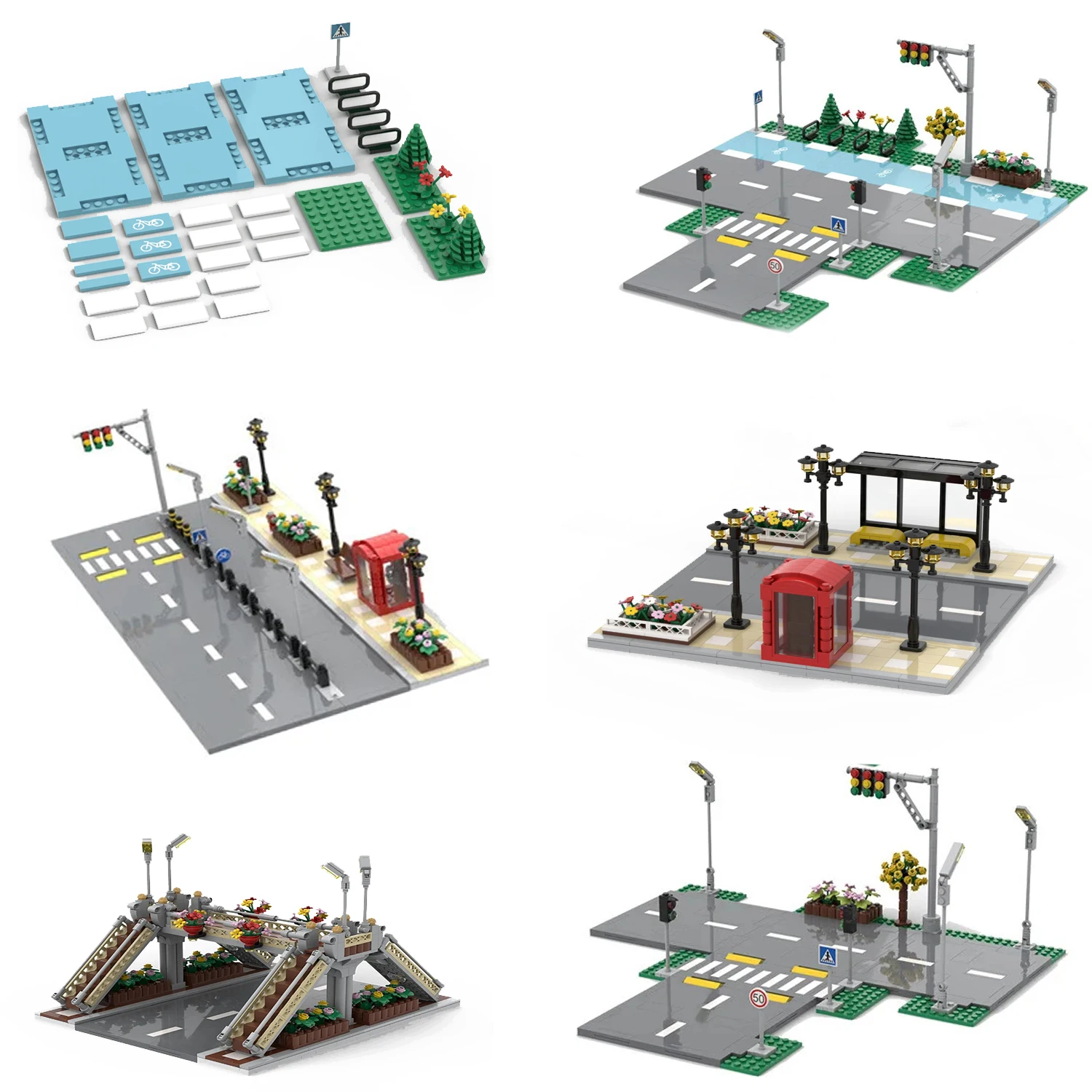 

MOC Urban Road Floor T-shaped Road Motorway Bicycle Lane Landscape Supplement Building Blocks Expansion Package Bricks Kid's Toy