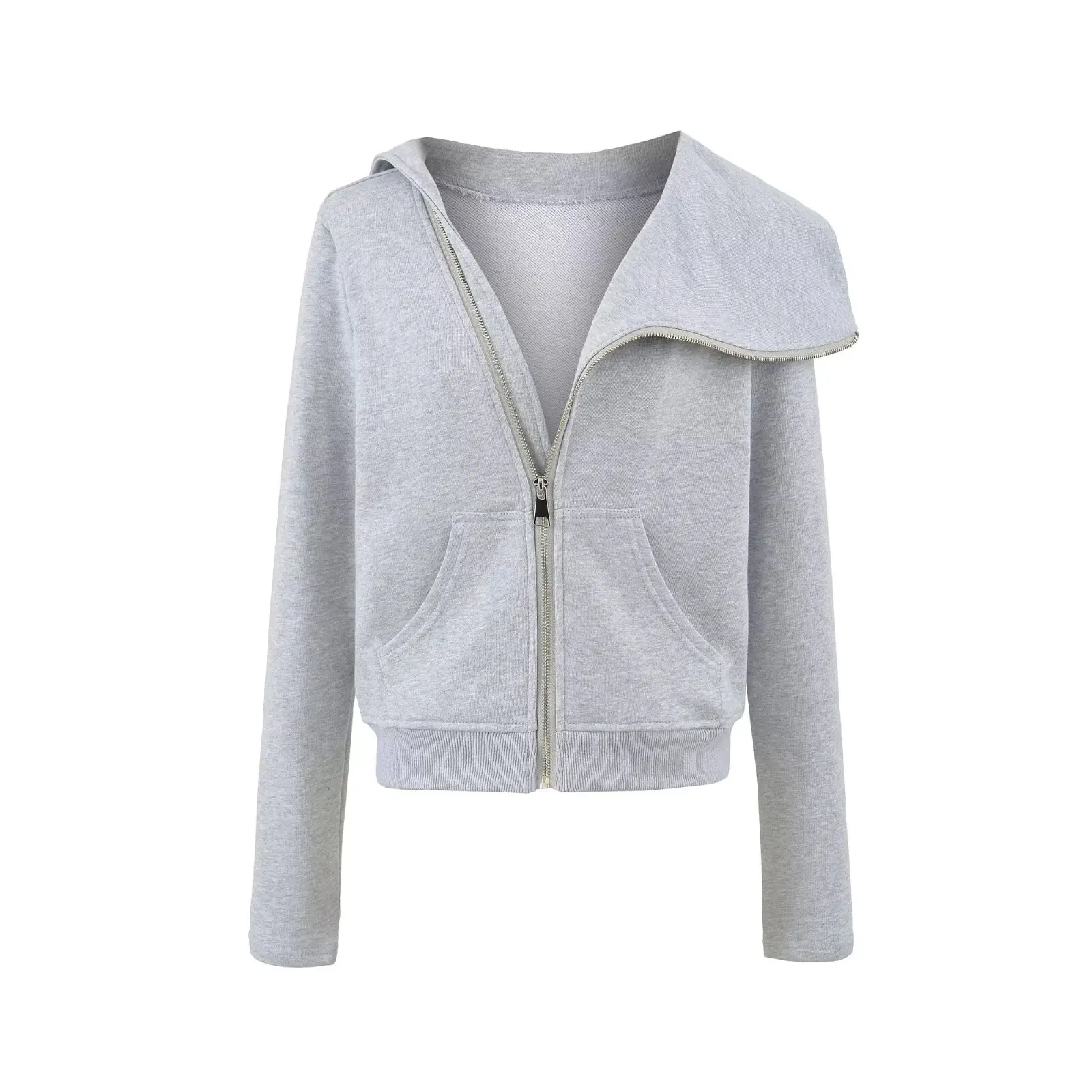 Bluza z kapturem na zamek, nieregularny krój, dopasowany kardigan damski, długi rękaw, bawełniana bluza dresowa, modna na dojazdy do pracy.