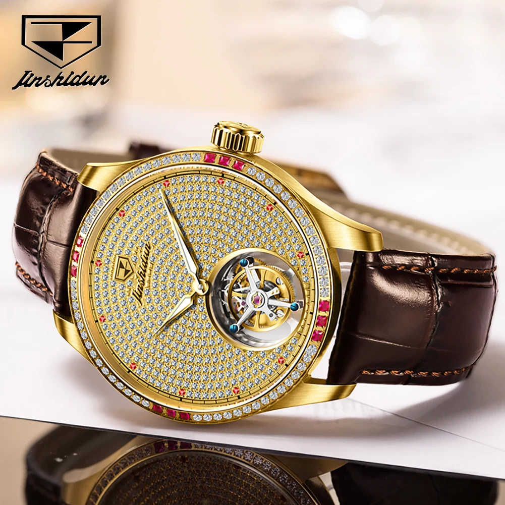 JSDUN Luxury Tourbillon Automatic Mechanical Watch for Men Genuine Leather Strap Sapphire Mirror Full Diamond Top Man Wristwatch