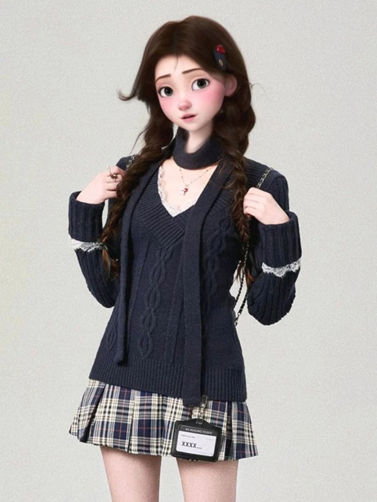 Adrette Spitze Patchwork Pullover Grunge Vintage Frauen Twist Slim Fit Pullover Herbst Y2k Ästhetische Casual Strickpullover