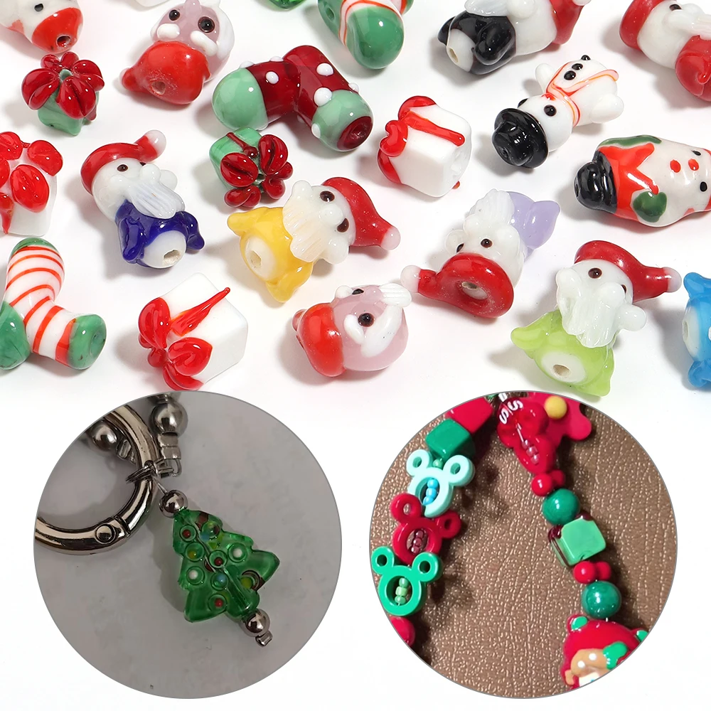 2pcs Christmas Theme Lampwork Glass Beads Santa Snowman Xmas Tree Gift Sock Shape Spacer Beads DIY Jewelry Bracelet Necklace