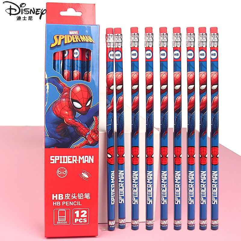 Disney Marvel Spider-Man Papelaria, Capitão América Lápis Set, Elsa Lovely Lotus Material Escolar, Lápis HB, Presentes de Natal, 12pcs