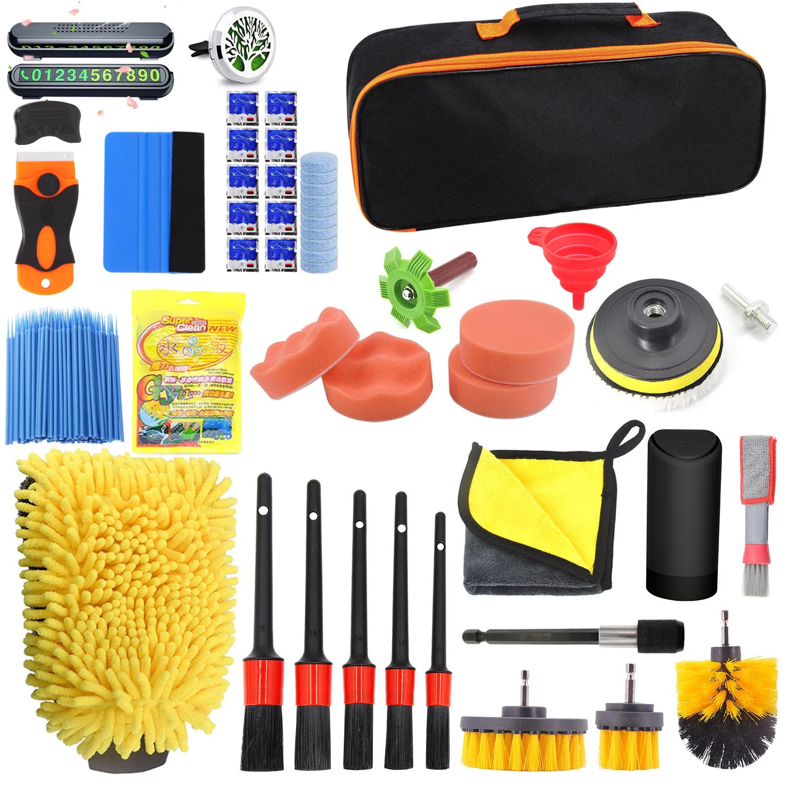 Car Cleaning Kit Scrubber Drill Detailing Brush Set Air Conditioner Vents Towel Washing Gloves Polisher Adapter Vacuum Cleaner