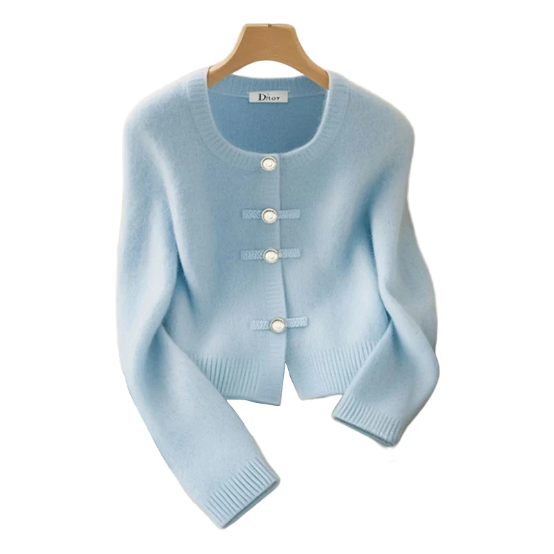 High End Sky Blue Wool Sweater Women Autumn Winter Pearl Button Loose Knit Cardigan Lazy Style O-Neck Cashmere Knitwear New 087H