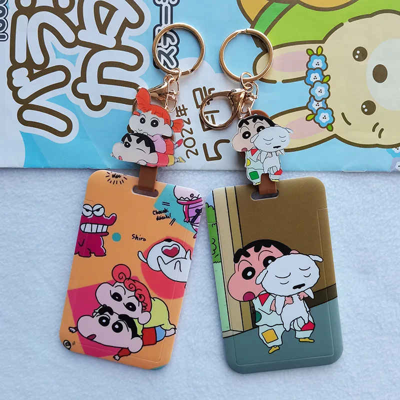 Crayon Shin-Chan Card Cover with Lanyard Keychain Kawaii Nohara Shiro Action Kamen Id Credit Cards Anti-Lost Slide Card Holder