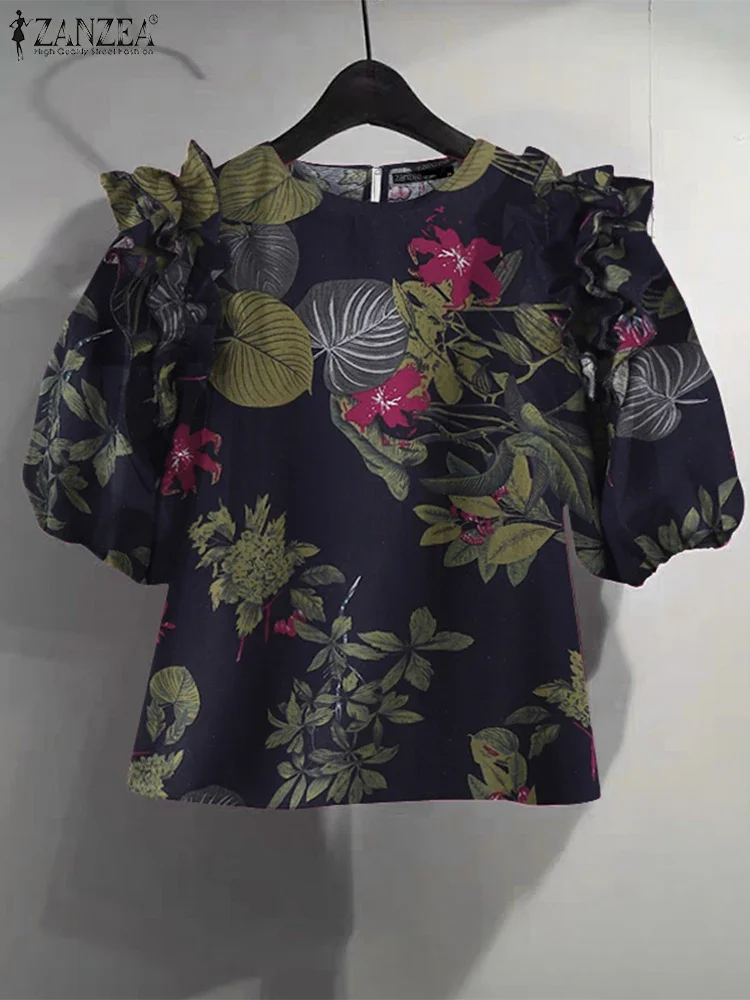 

ZANZEA Vintage Cotton Blouse Women Short Sleeve Ruffled Shirts 2025 Summer Printed Tunic Tops Casual Loose Bohemian Blusas Tees
