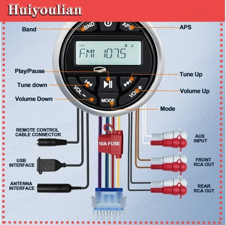 RV Yacht Bluetooth FM Marine, Motorboat USB MP3 Controlled Audio Player