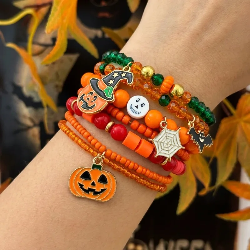 Halloween Multilayer Beaded Stackable Bracelets Set, Gothic Charm
