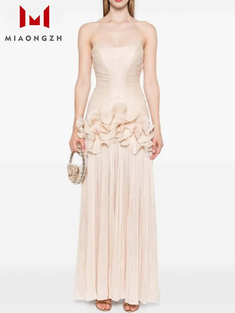 

High Quality 2025 Summer New Spliced Folds Elegant Dress For Women Slash Neck Sleeveless Slimming Party Dresses Female Clothing