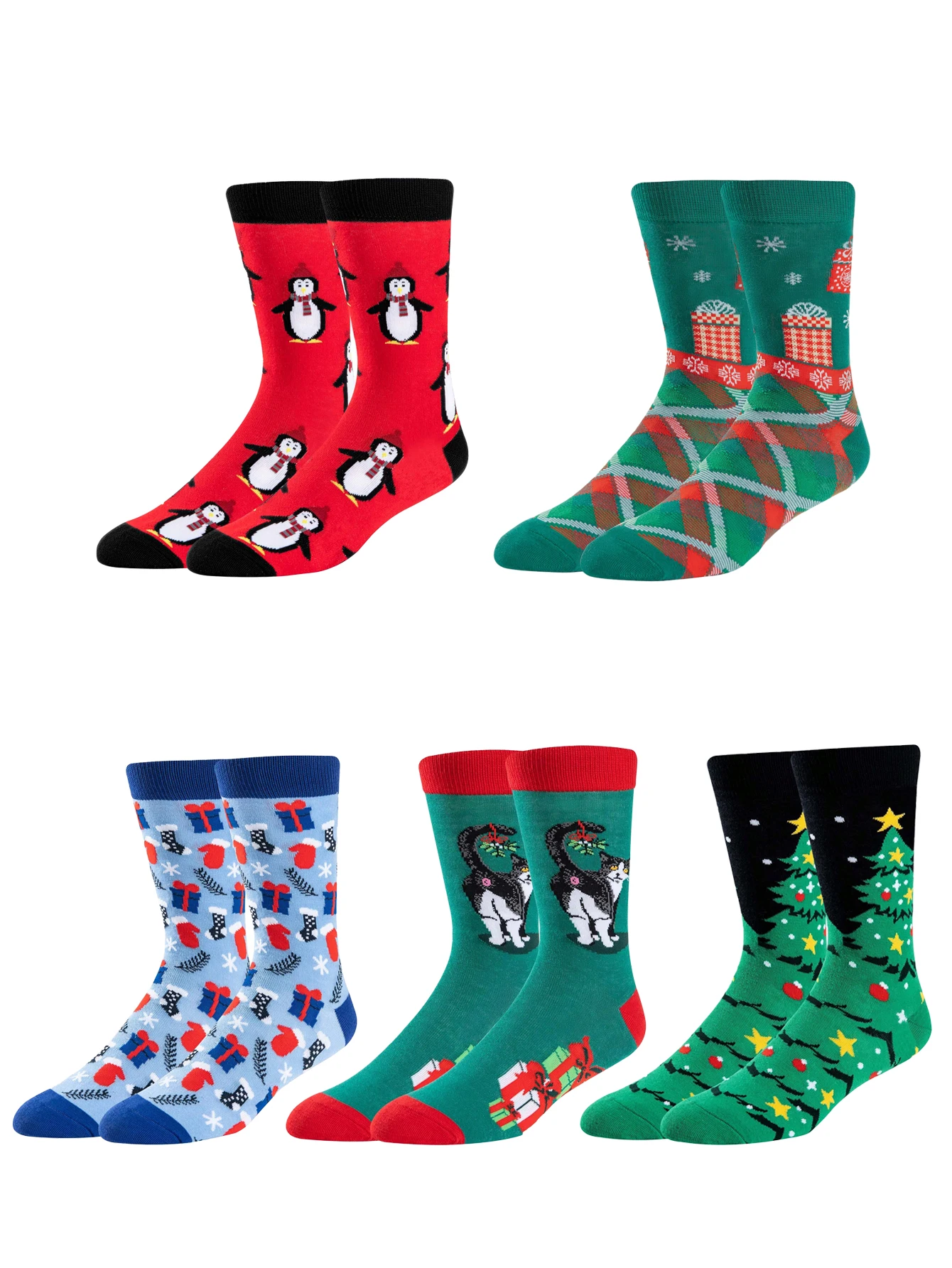 5 Pairs Christmas Theme Fun Socks Set, Cat/penguin/reindeer/gift Box/xmas Tree Pattern, Unisex Holiday Gift & Daily Wear