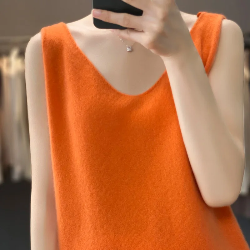 

Basic Women 100% Merino Wool Fashion V-Neck Straps Sleeveless Sweater Pullover Cashmere Soft Underwear Vest Clothing Top