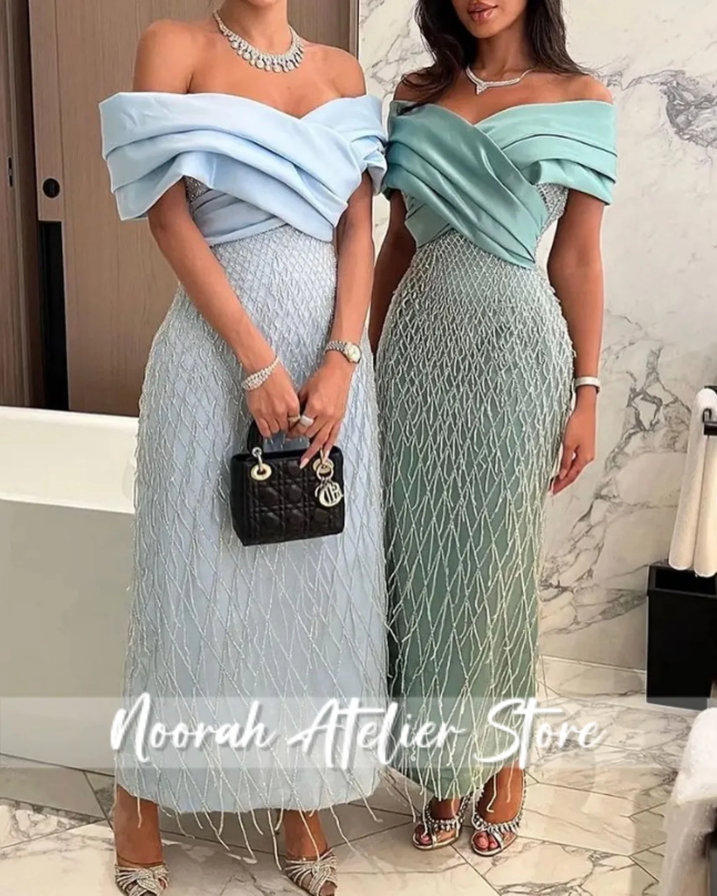 فساتين سهرة فاخرة مكشوفة الكتفين باللون الأخضر المريمية في المملكة العربية السعودية 2025 فساتين زفاف باللون الأزرق شرابة فستان رسمي مخصص