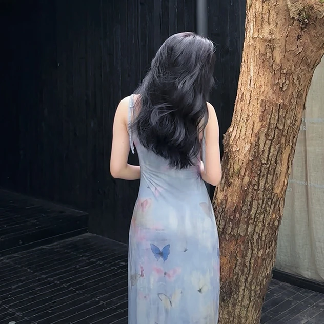 เดรสฤดูร้อนสำหรับผู้หญิงชุดเดรสแขนกุดรัดรูปชุดเดรสฤดูร้อนผ่าต่ำเซ็กซี่ชุดเดรสรัดรูปพิมพ์ลายผีเสื้อ