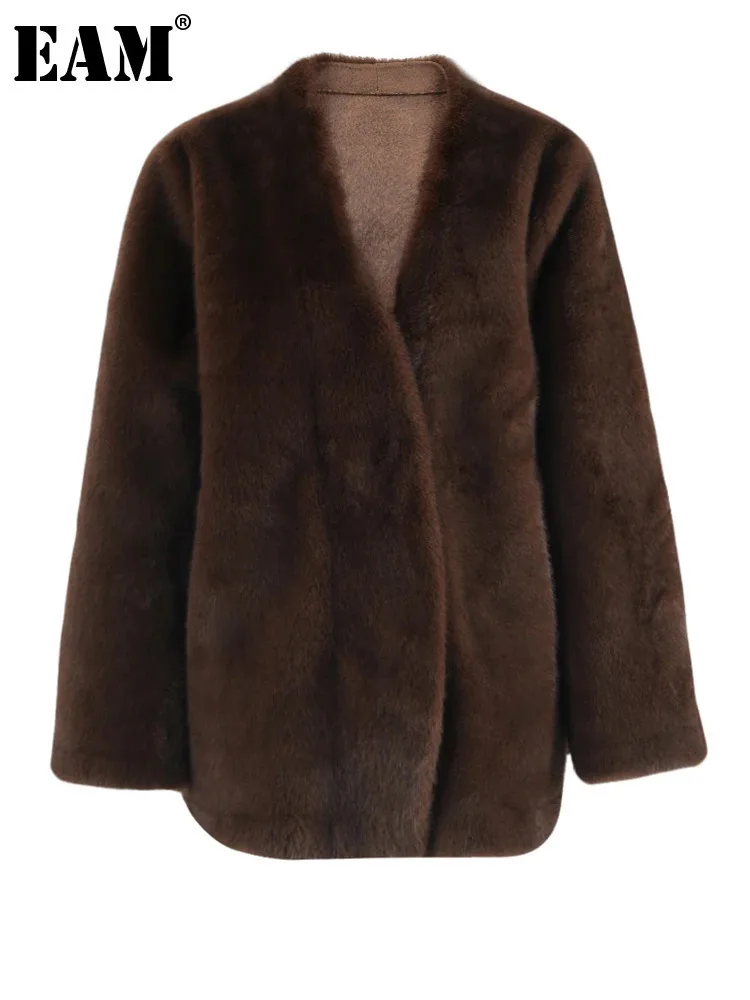 [EAM] Brown Thick Keep Warm Big Size Faux Fur Jacket New V-neck Long Sleeve Women Coat Fashion Tide Autumn Winter 2024 CPG2395