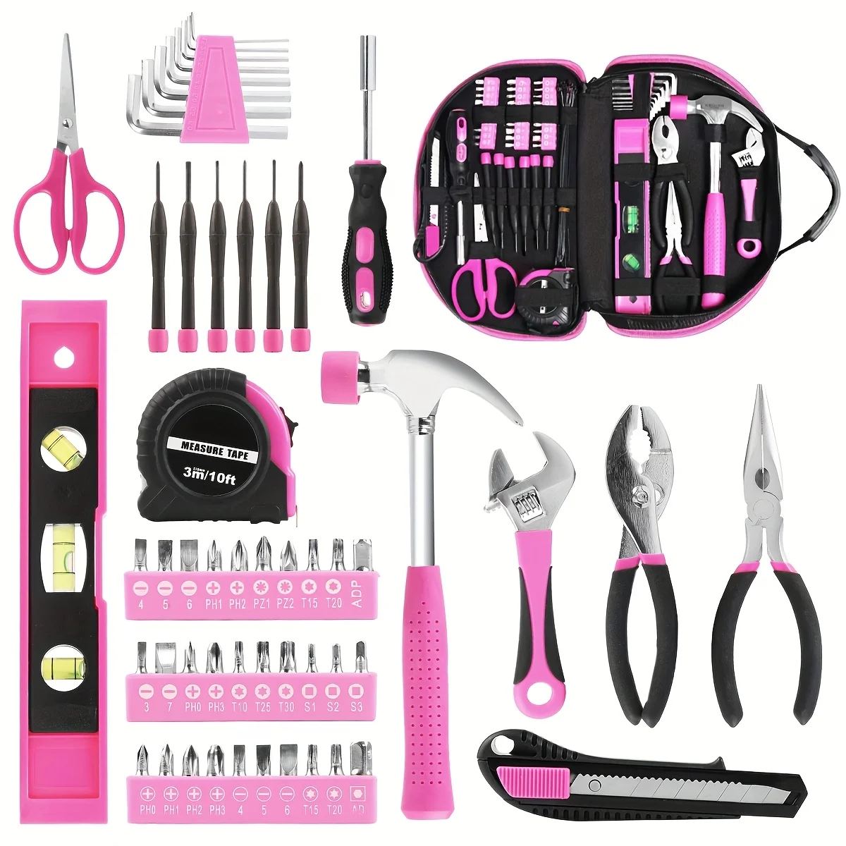 

Pink Tool kit 69 Piece Ladies Hand Tool Set with Easy Carrying Round Pouch Household Tool Kit for DIY Home Maintenance