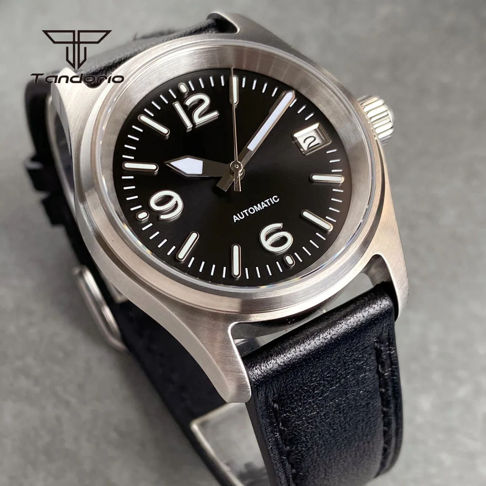 Tandorio 36mm Pilot nh35 Tauch Herren automatische Taucher uhr Datum 20atm mechanische Stahl Armbanduhr für Dame Leder schwarz Zifferblatt Lume