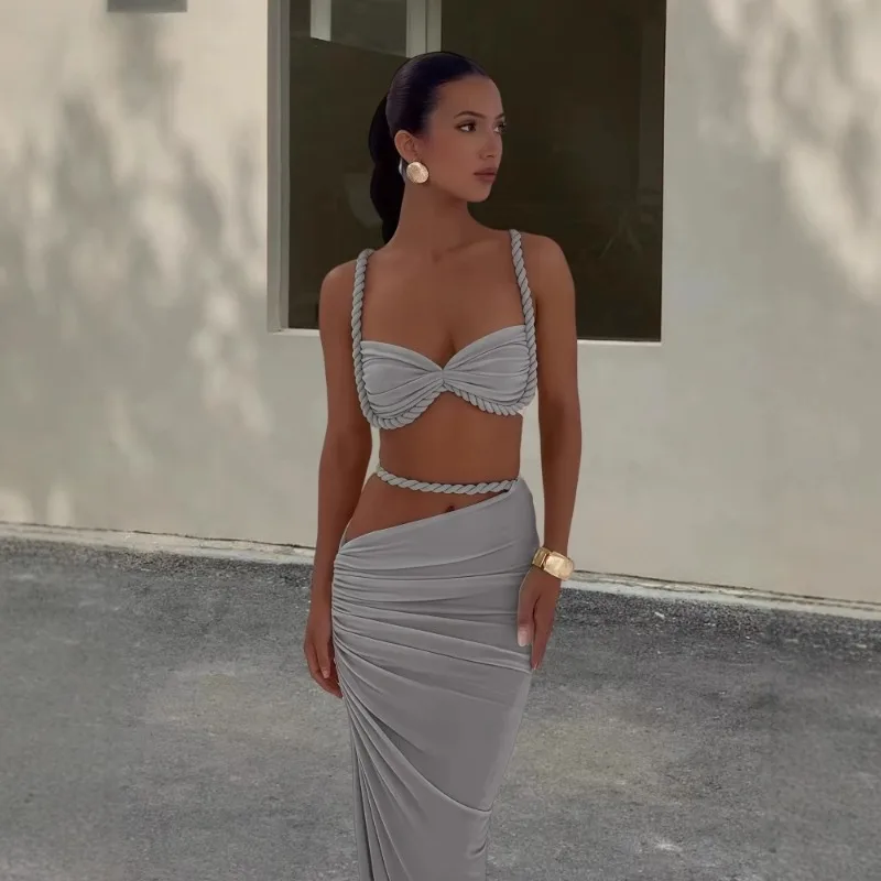 Beach Vacation Style Women's Sexy Swimsuit Backless Hanging Neck Suspender with Split Hips, Half Skirt Two-piece Set, New Style