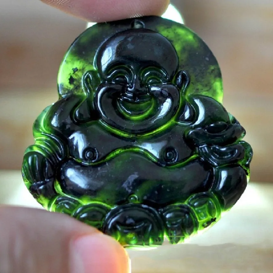 

Natural Dark Green Jade Buddha Male Pendants Women's Full Money Smile Buddha Security Pendant Jewelry