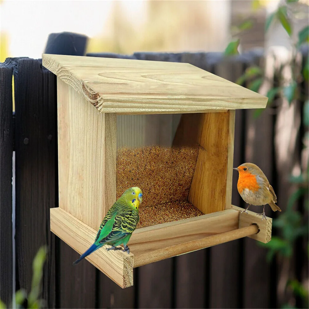 Hanging Wooden Bird Feeder Table Seed Feeder Wildlife Garden Feeding Station with Perch Outdoor Yard