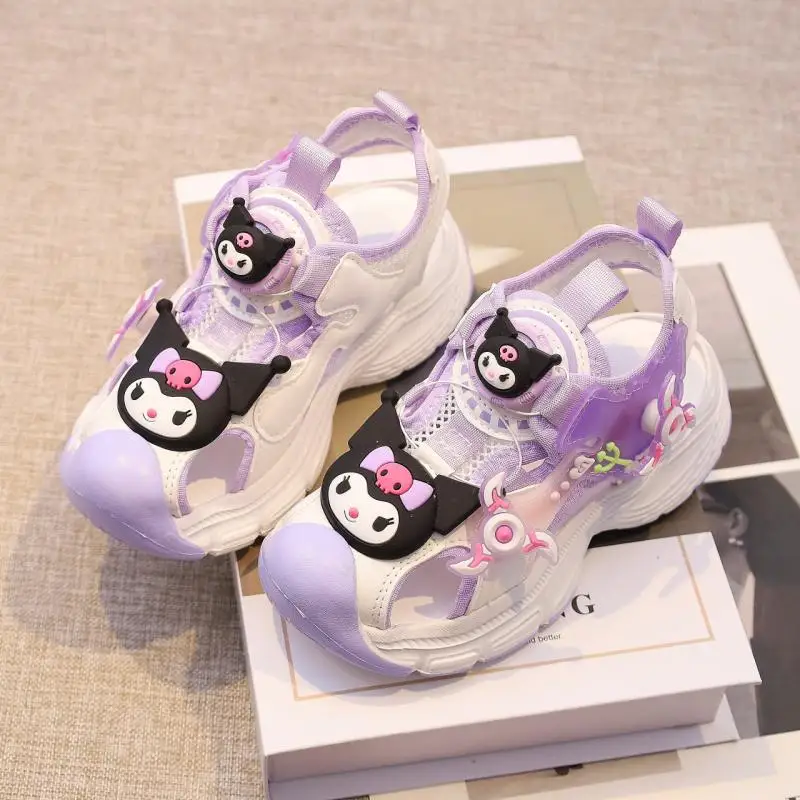 Sanrios Kuromi Kids Sandals Cute Summer Casual Luminous Sweet Sneakers Cartoon Turn Button Trainers Anime Leisure-Shoe Girl Gift