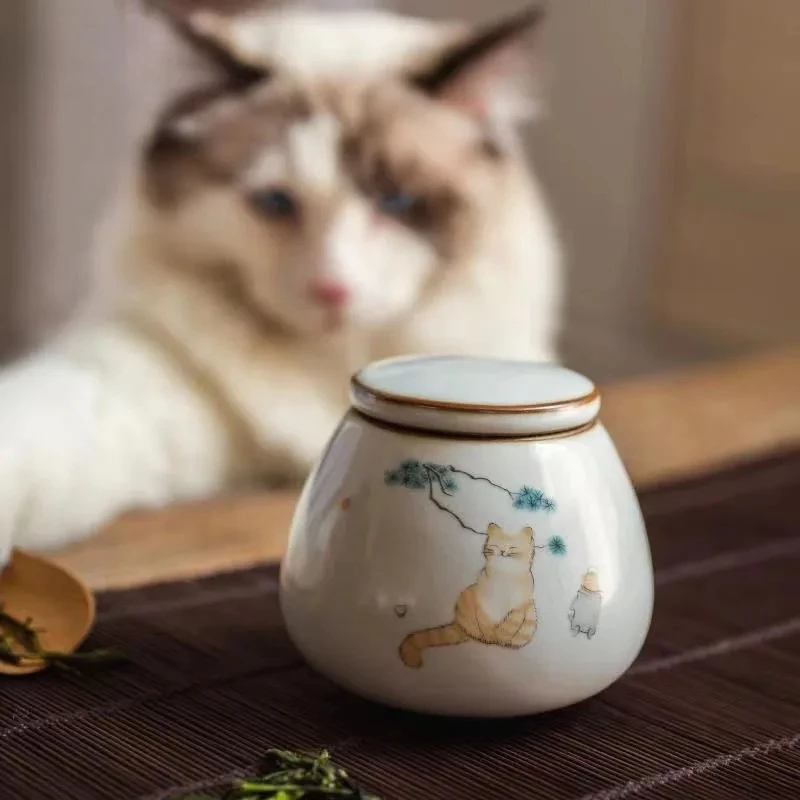 Glazed Painted Pet Urn Ceramic Cat Ashes Storage Memorial Jar Cartoon Pattern Mini Small Creative Personalized Sealed Funeral