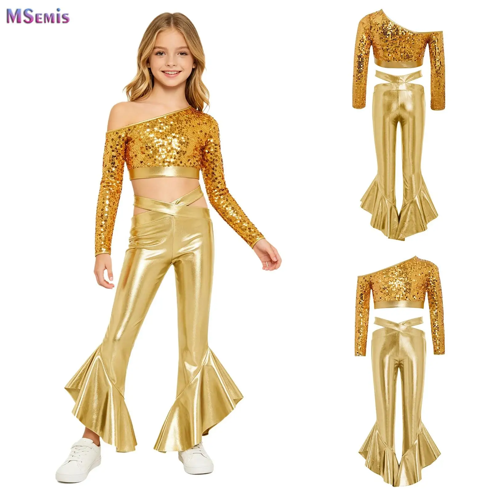 Kids Girls Hip-hop Suit Jazz Dance Costumes One Shoulder Long Sleeve Sequins Crop Top+Cross Waistband Metallic Flared Pants Set